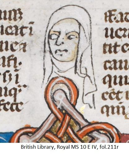 medieval marginal illustration of a woman with intense side eye