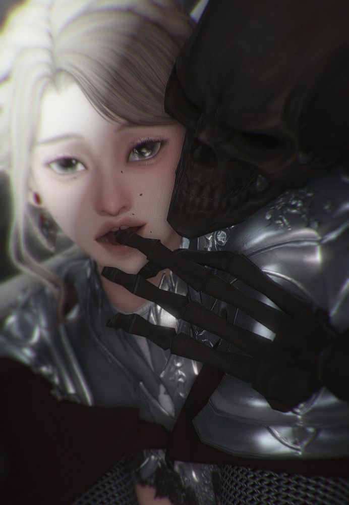 sumire, a pale blonde midlander, accompanied by a skeleton whos bones have long-darkened. there is a strange and uncharacteristic light in the woman's eyes, light cast on part of her face from somewhere above. the skeletal figure has a hand pressed up, a finger prying into her mouth.