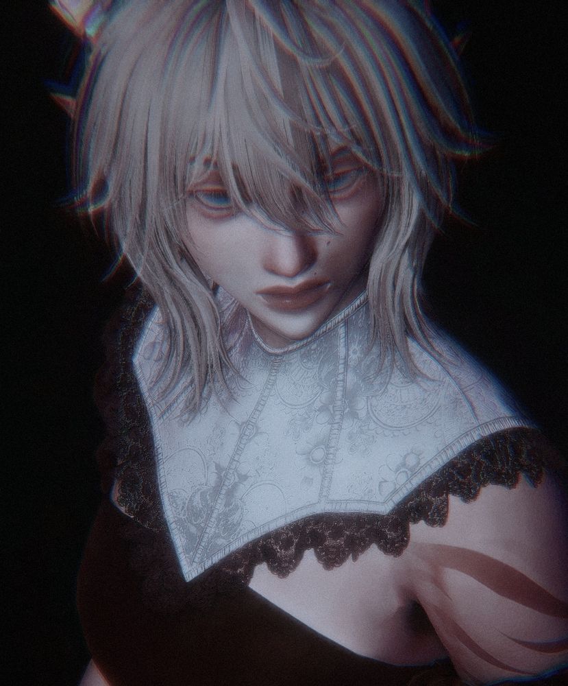 sumire from an upward angle, looking into - or through? - the viewer. their eyes are dimmer than ever, taking in something. 