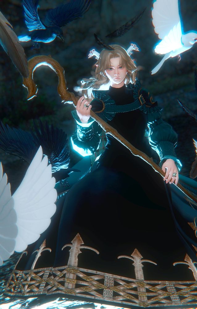 a photo of sumire. they are floating amidst a flock of black and white birds, a staff in hand. their expression is grim determination as feathers fall around them, the light of magic from below.