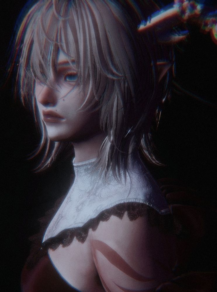 a simple portrait of sumire, looking to the left and into the distance. their hair is messy, though their clothes are fine. expression hard to read. there is chromatic abberation on the portrait to give a feeling of unreality.