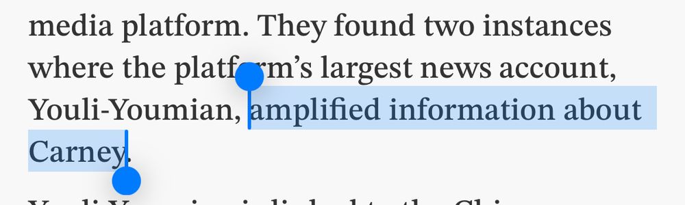 Screenshot from the article with highlighted text reading “They found two instances where the platform’s largest news account, Youli-Youmian, amplified information about Carney.”