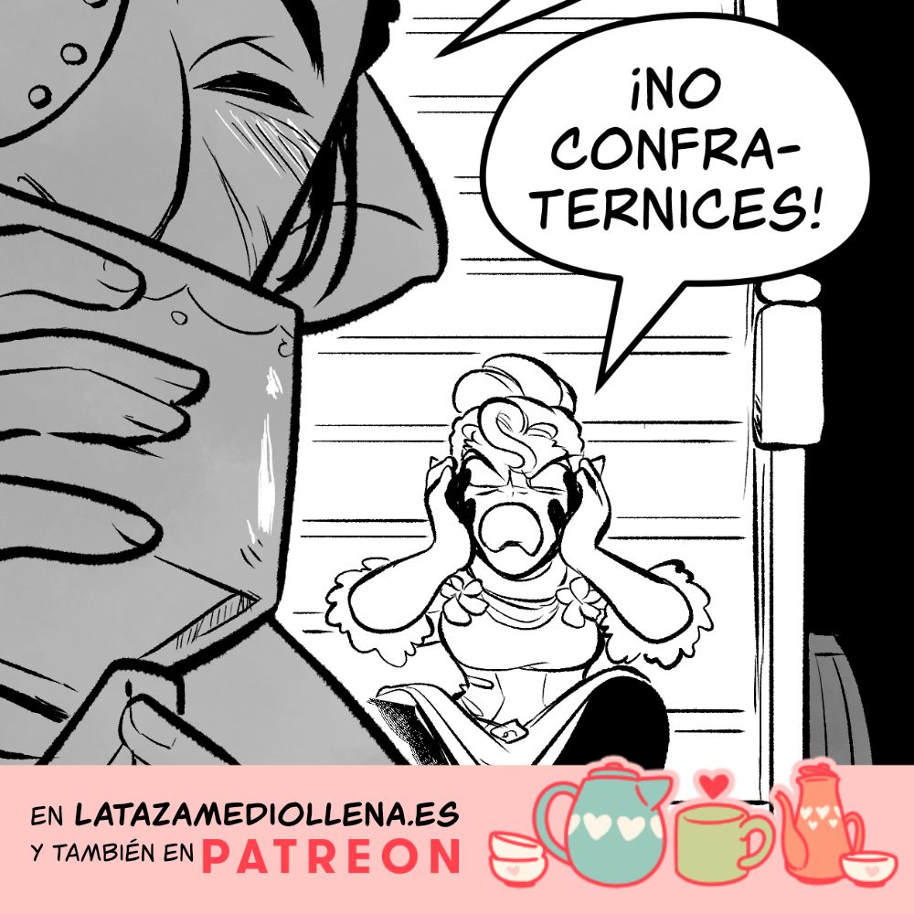 Fragmento de una viñeta del cómic de la tetería en el que sale Frangi gritando sentada en una escalera, y en primer plano Violeta oliendo algo. Frangi está gritando '¡No confraternices!'