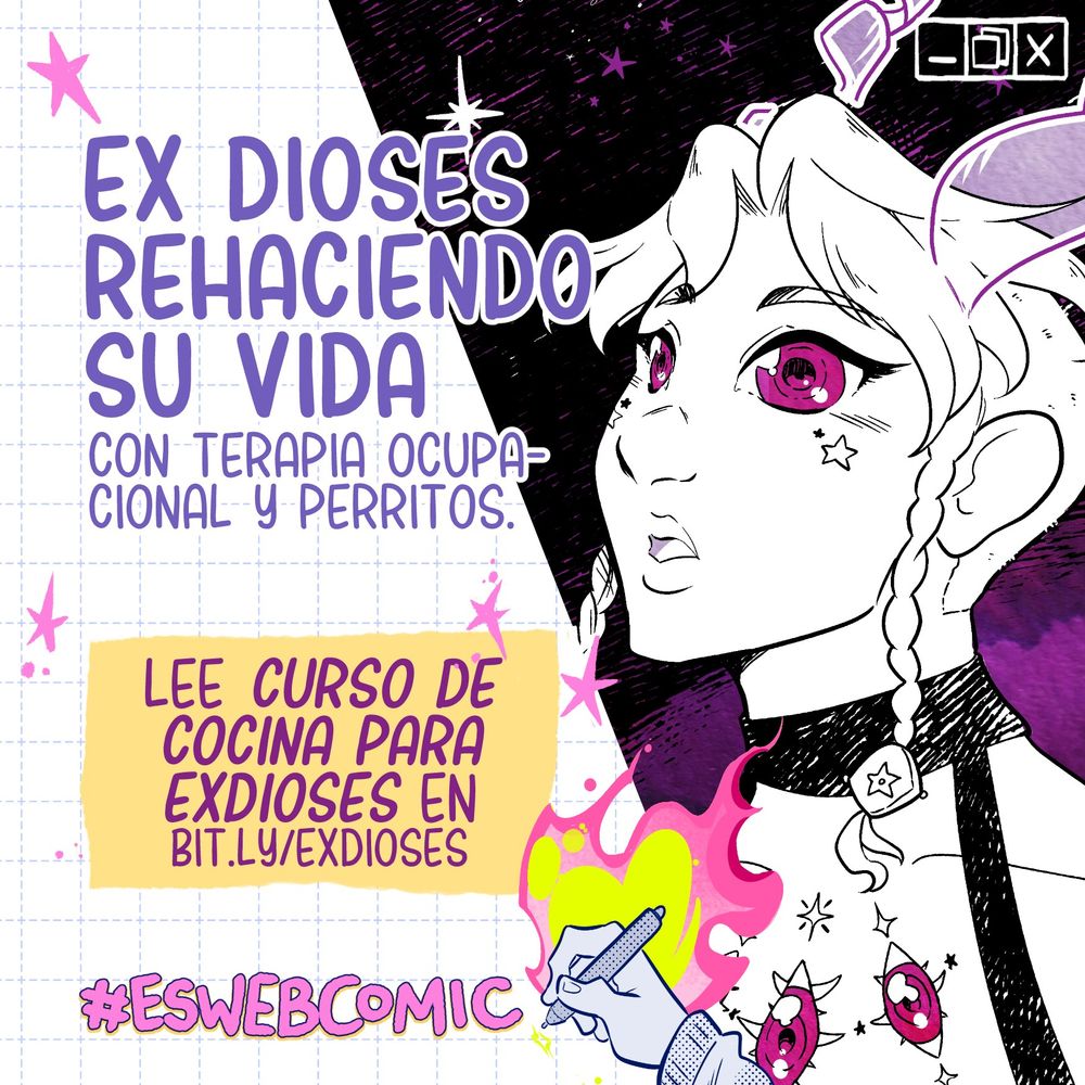 Imagen promocional del webcómic Curso de cocina para exdioses con el texto 'exdioses rehaciendo su vida con terapia ocupacional y perritos', el enlace y el hashtag de eswebcomic 