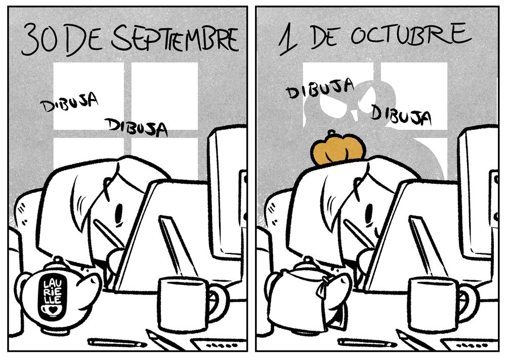 Cómic de dos viñetas de Laurielle dibujando. Las dos viñetas son casi iguales en plan encuentra las 7 diferencias, en una pone 30 de septiembre, en otra 1 de octubre y la principal diferencia es que en la segunda Laurielle tiene una microcalabaza en la cabeza