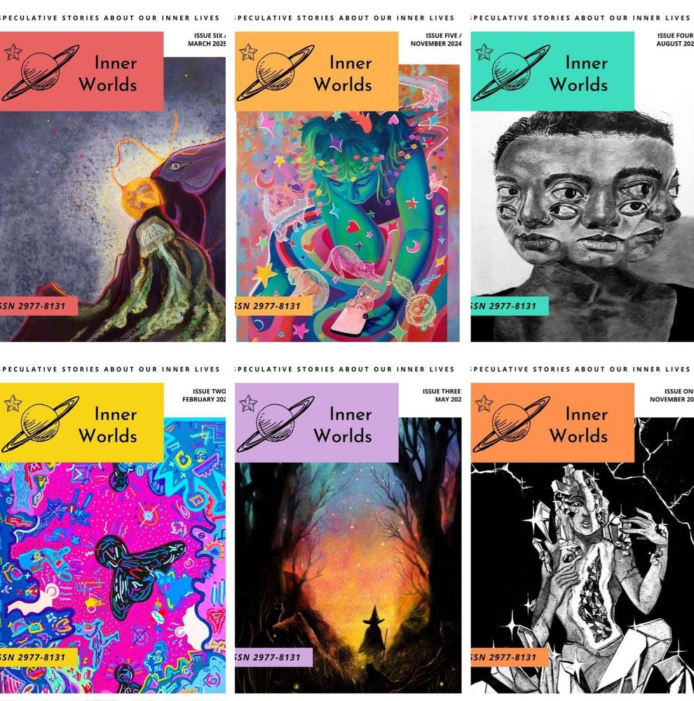 Collage of six Inner Worlds covers with different art styles and colourful mastheads.
