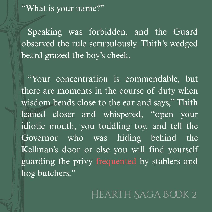 Text over faded image: “What is your name?” Speaking was forbidden, and the Guard observed the rule scrupulously. Thith’s wedged beard grazed the boy’s cheek. “Your concentration is commendable, but there are moments in the course of duty when wisdom bends close to the ear and says,” Thith leaned closer and whispered, “open your idiotic mouth, you toddling toy, and tell the Governor who was hiding behind the Kellman’s door or else you will find yourself guarding the privy frequented by stablers and hog butchers.” 
 Hearth Saga/Book 2/Fall 25