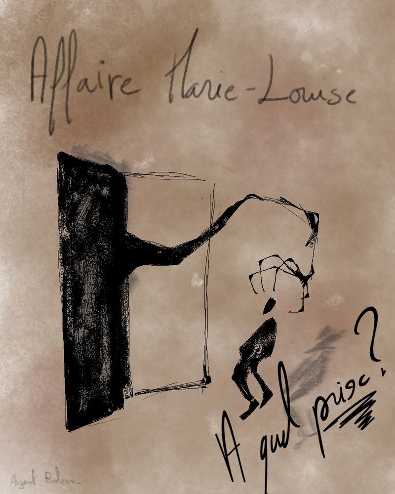 Page suivante notée "Affaire Marie-Louise". Une main d'ombre sort d'une porte de placard pour attraper une petite silhouette. 
Il est marqué en gros "A quel prix ?"