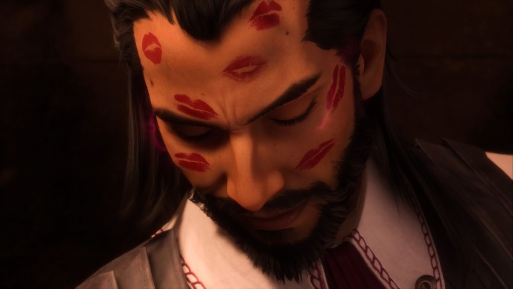 Lucanis is being controlled by his demon, Spite. His eyes are shut, the pink glow of Spite dances around his eyes through his closed lids. He has red lipstick marks peppered all over his face.