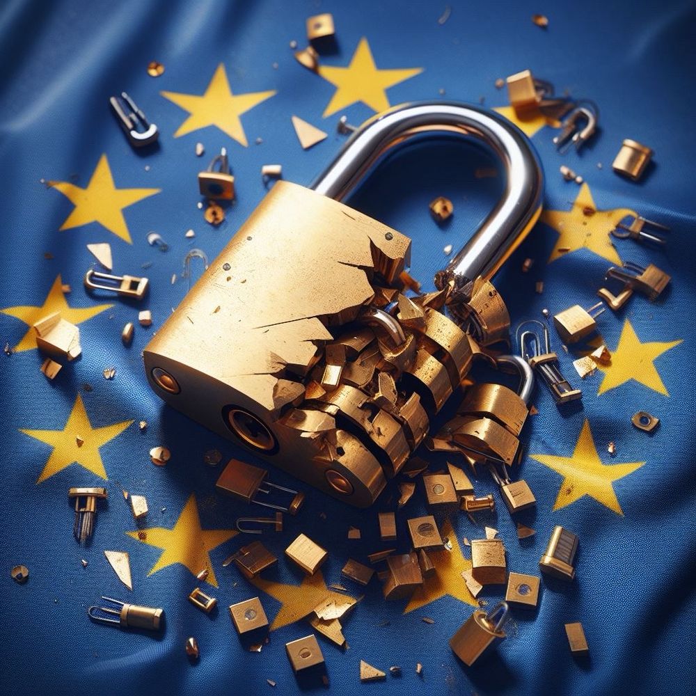 photorealistic brass padlock broken into many pieces over a background of the EU flag