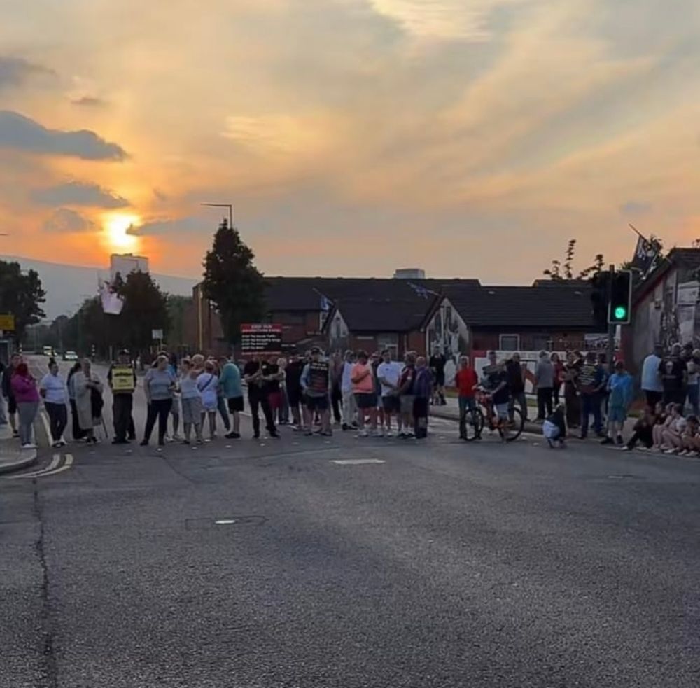 An unlawful paramilitary backed far-right roadblock on the Newtownards Rd, Belfast. 