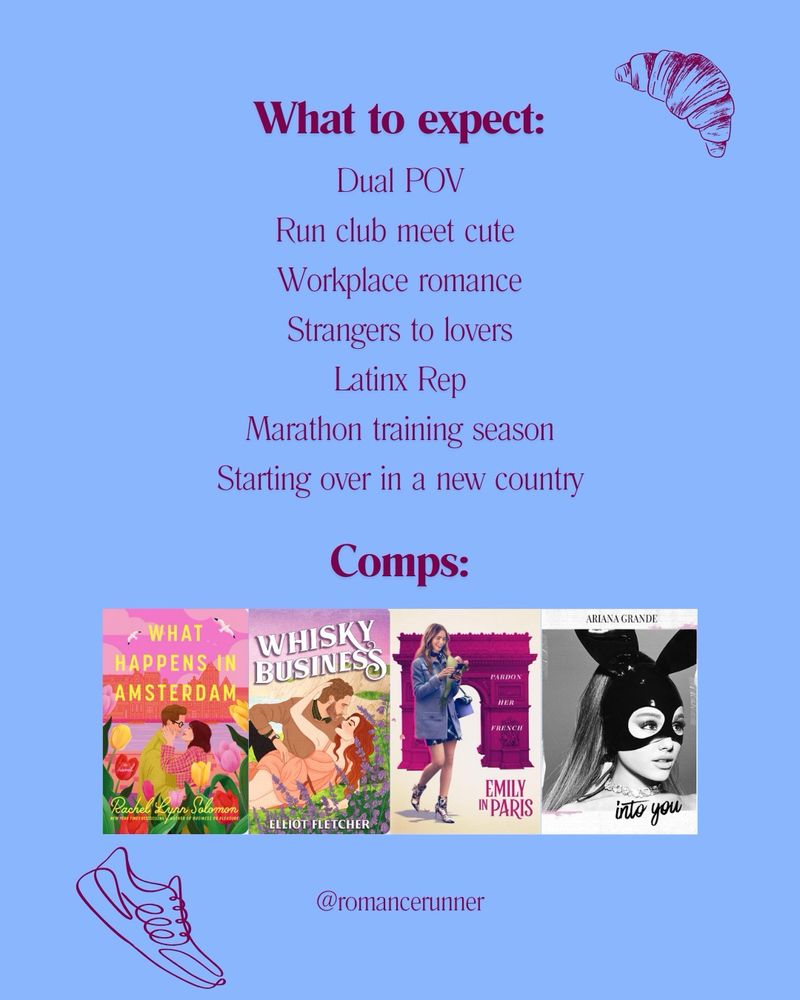 What to expect: Dual POV, run club meet cute, workplace romance, strangers to lovers, Latinx Rep, Marathon training season, starting over in a new country. 

Compa: What Happens in Amsterdam by Rachel Lynn Solomon, Whiskey Business by Elliot Fletcher, Emily in Paris Season one, Into You by Ariana Grande 