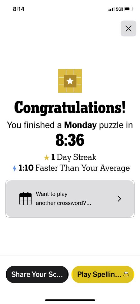 Screen shot of the results of Mary’s attempt at solving the Monday New York Times Crossword. Texts reads “Congratulations! You finished a Monday puzzle in 8:36”