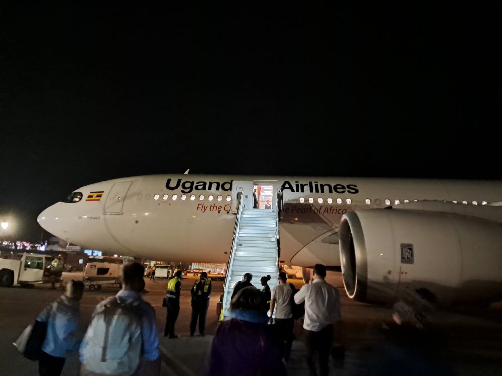 Night time boarding of the Uganda Airlines A380 to London Gatwick at Entebbe Airport 