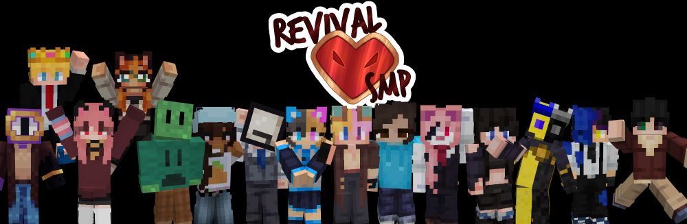 Group of Minecraft skins gathered and posing with the 'Revival SMP' logo in the background.