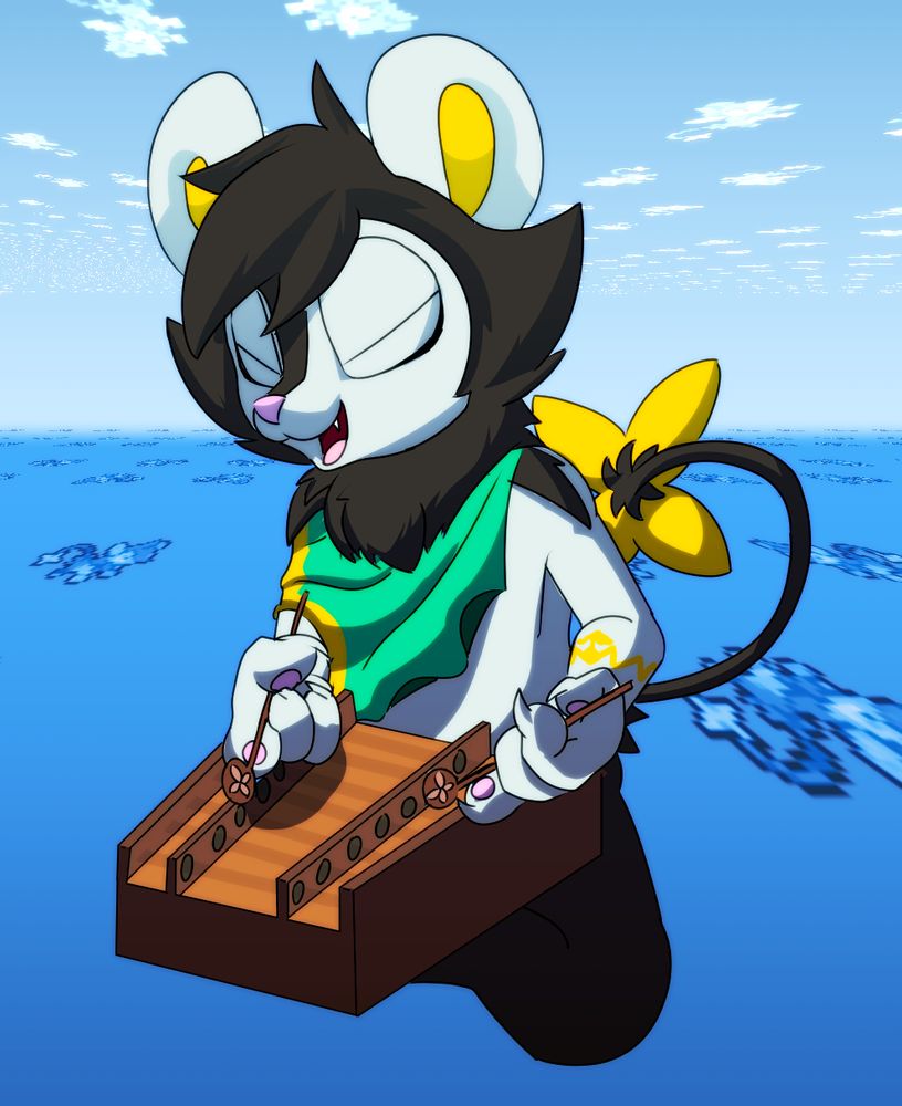 Fubar the Luxio singing as he's playing the santur in a very luxio-patterned, flat scene... implying he is in some trance-like state

I know this *might* be tangentially pmd related but ehhhhh bear with me. I'll expand on this drawing later to include 2 other ocs! Stay tuned.