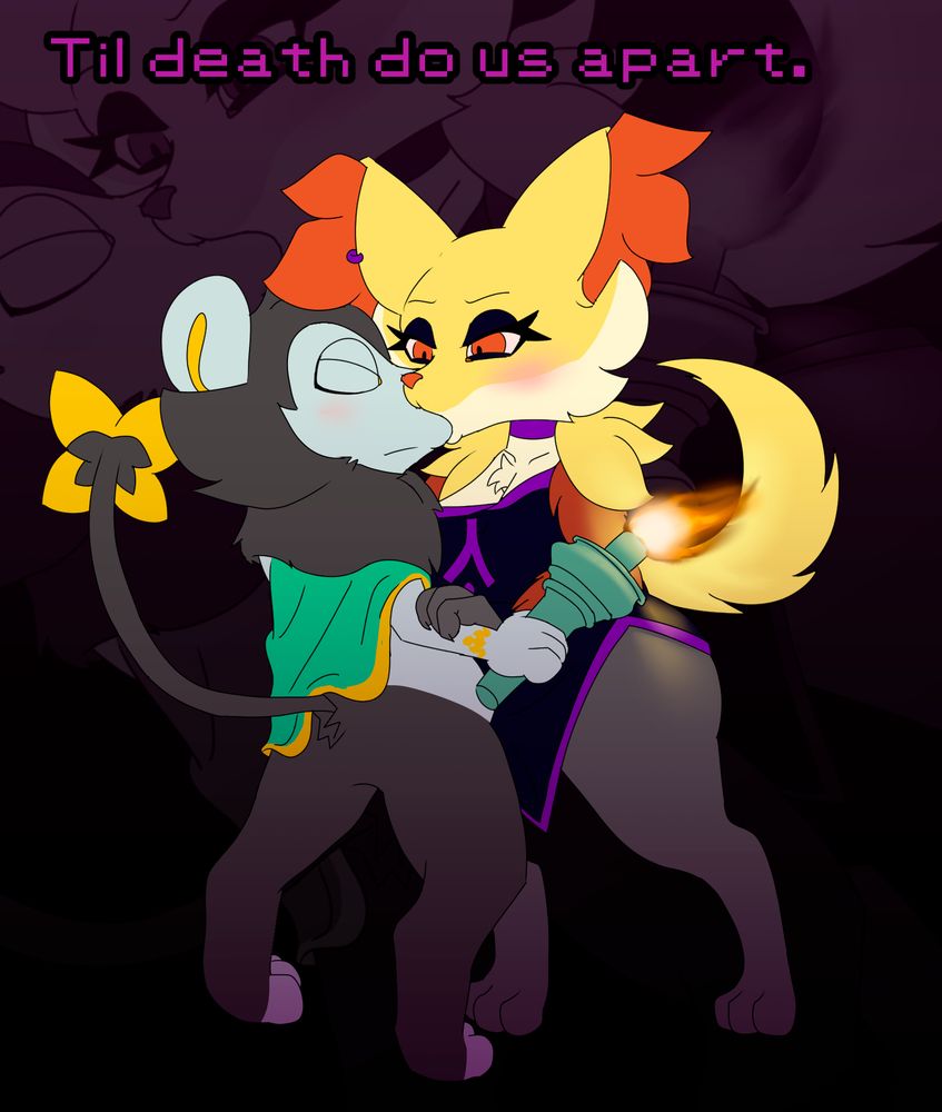 Fubar the Luxio and Fusil the Delphox, sort of symbolizing collectivism/liberation and individualism/hierarchy embracing and kissing.

Fubar is holding a burning torch of liberty as Fusil is holding his arm with her right hand. They're both blushing... I intend this piece to be rich in symbolism so it isn't just lovey dovey ;)