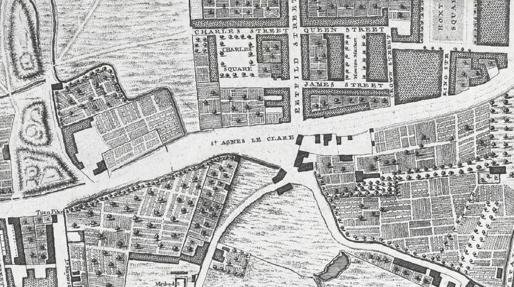 Detail from John Rocque's 1746 map of London, Westminster & Southwark, indicating St Agnes le Clare.