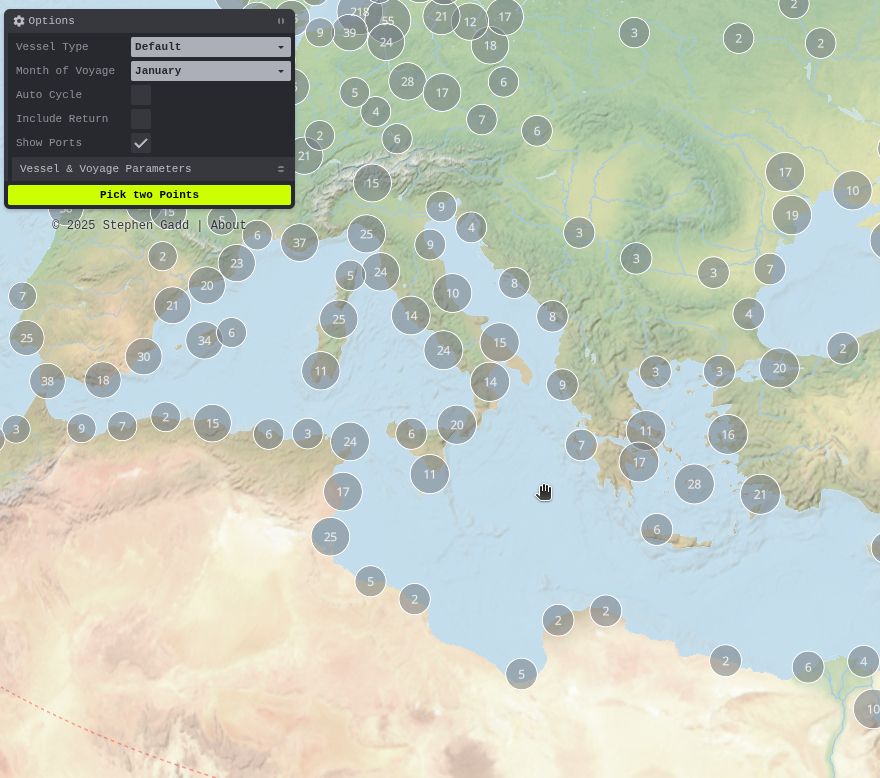 At low zoom levels, cluster markers indicate the locations of ports.