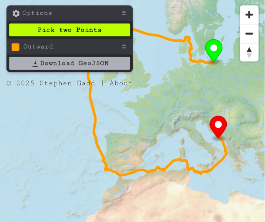 Screenshot showing mobile optimisations: Mercator map projection, and initially-closed Options panel.
