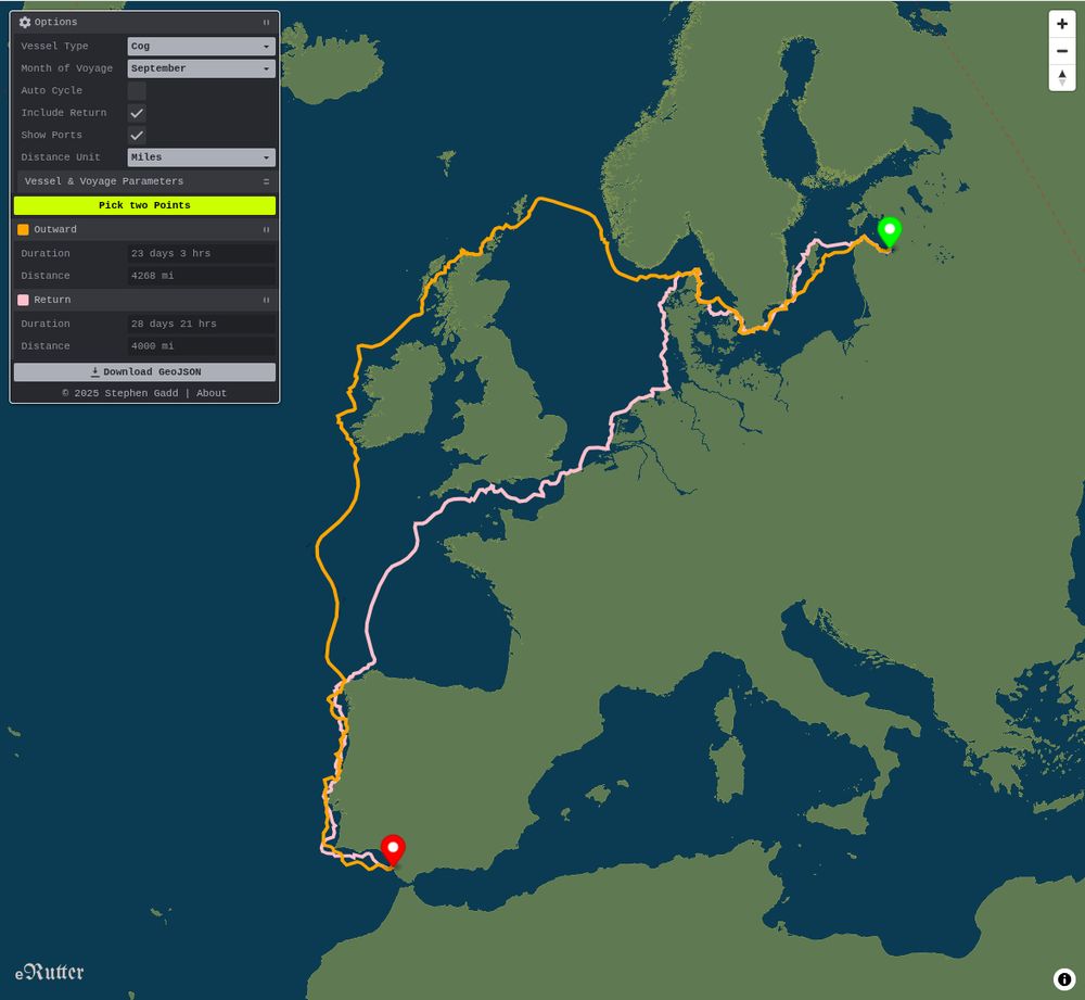 Map of northern and western Europe showing computed square-rigged sailing routes between the Baltic Sea and Spain. Outward journeys curve northwest via Shetland and the North Atlantic, while return journeys favour the English Channel. This asymmetry arises from prevailing winds, currents, and the hydrodynamic limits of medieval sailing vessels. A spherical (non-Mercator) projection is used, better reflecting great-circle geometry and the true spatial relationship of regions such as Scandinavia, Shetland, and Iberia.