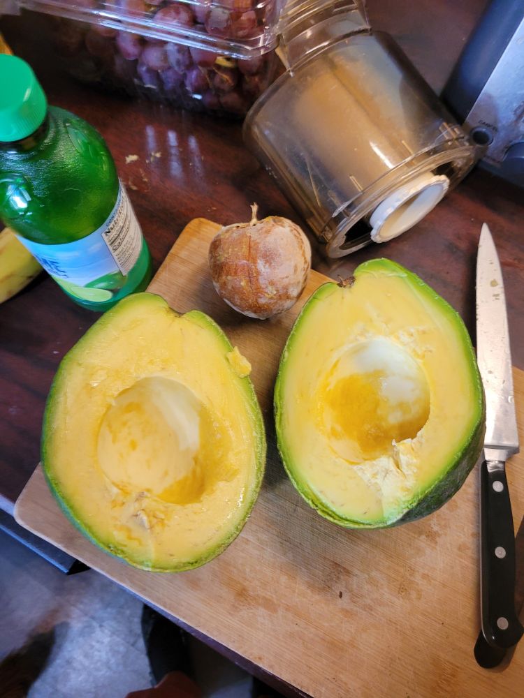 A large Florida avocado on a cutting board, sliced in half with the pit to the side 