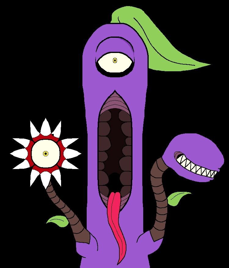 A dubious-looking plant with a tall purple body, a big green leaf, and single mocking eye.  Midway down is a vertical maw filled with gnashing bean teeth and a magenta tongue.  On each side of the body is a brown stem with the left one having Chompy whom has sharp pointy teeth.  The right stem features Looky with four spined petals with an eye in the center.