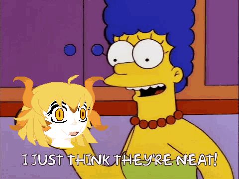 Marge Simpson image from The Simpsons of her holding a potato saying, "I just think they're neat!" except it's a headshot of @kanna-banana.bsky.social (that I drew) imposed over the potato.