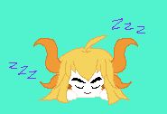 A blond kobold girl with four horns laying on the ground sleeping, her hands near her face under her hair.