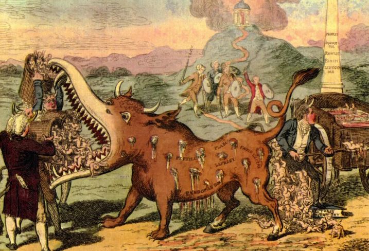 Vintage political cartoon of doctors dumping a barrel full of babies into a demonic cow's mouth with shark teeth and sores oozing pus all over. 