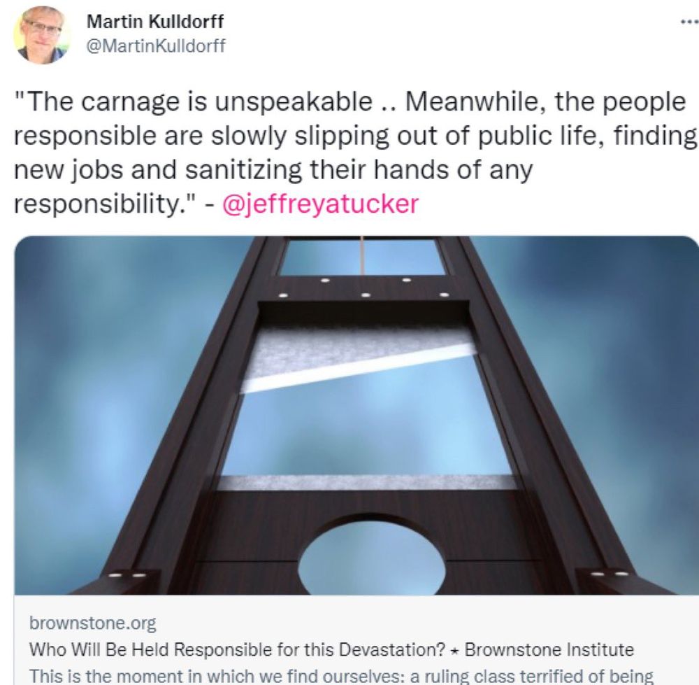 ACIP member Martin Kulldorff posts a guillotine, claiming public health mandates are “devastation.” 