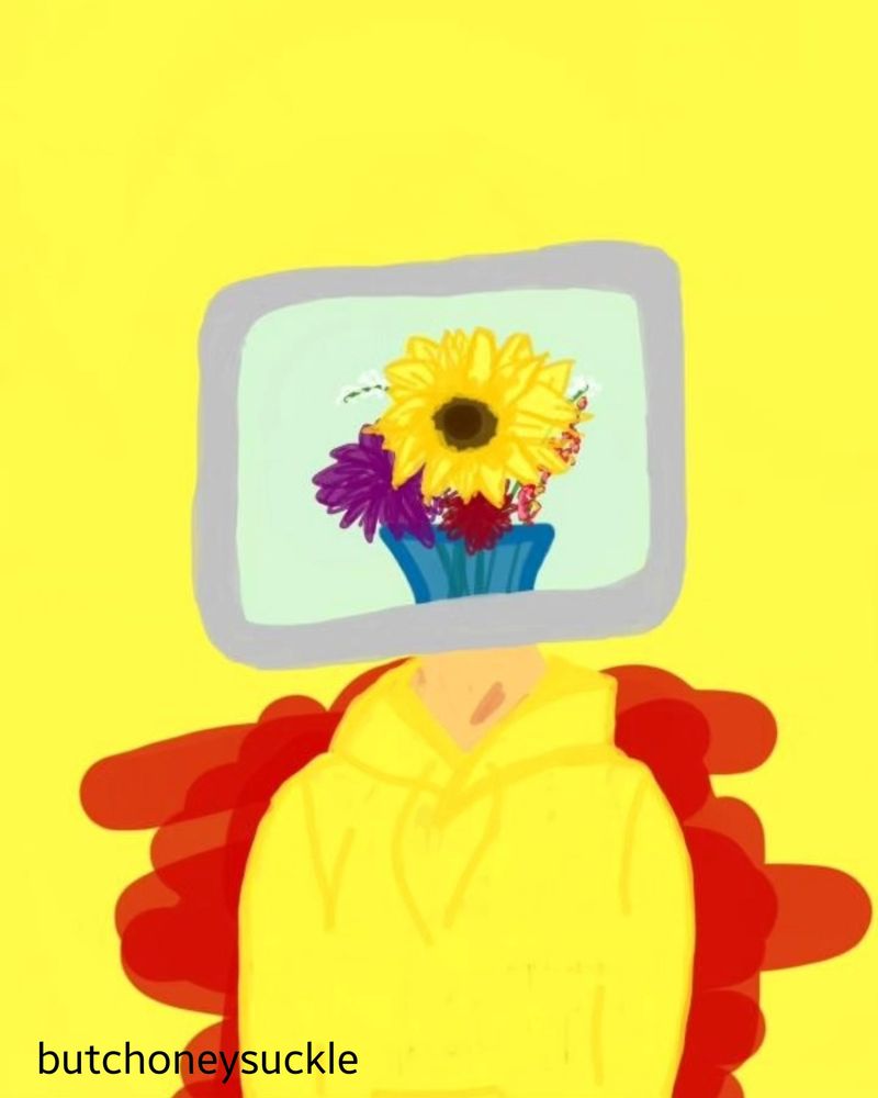digital art of an oc called sillyhead. they are wearing a yellow hoodie and have a tv for a head. the tv shows an image of a bouquet of flowers.