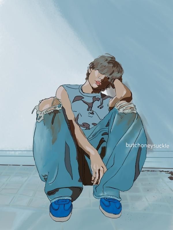 digital drawing of kim taehyung wearing a tank top, jeans, and blue shoes. he's sitting on the ground against a will, with his head rested against his hand.