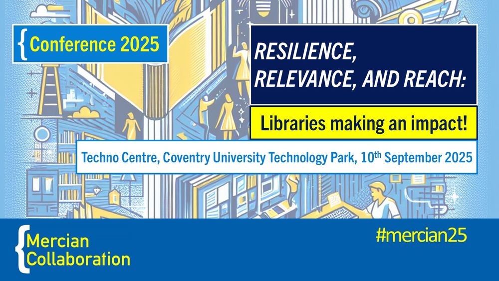 An illustrated collage image in blue and yellow showing activities in Libraries.