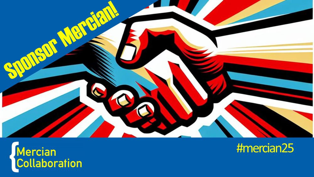 Brightly coloured hands shaking with mercian logo and hash tag 