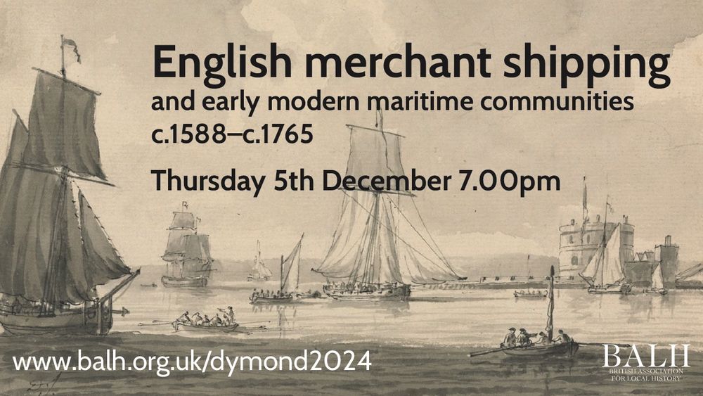 This image shows historic ships on a body of water in a drawing; the title of the talk is overlaid in black writing