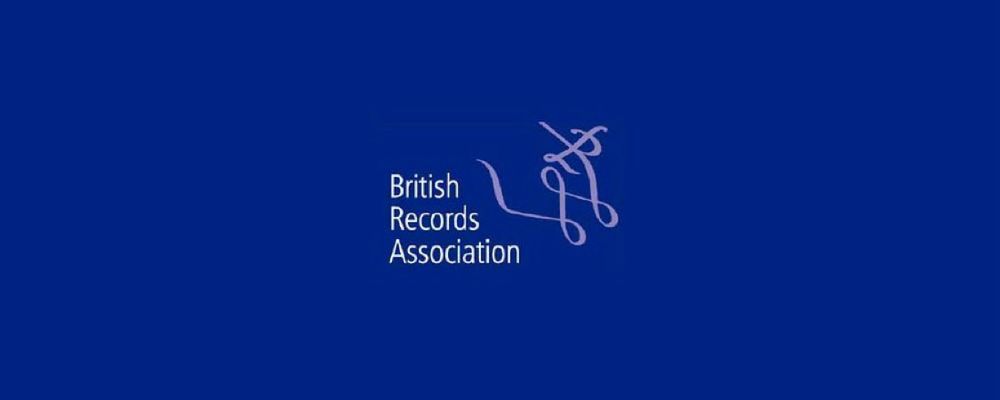 Logo of the British Records Association featuring stylized purple archival symbols on a deep blue background.