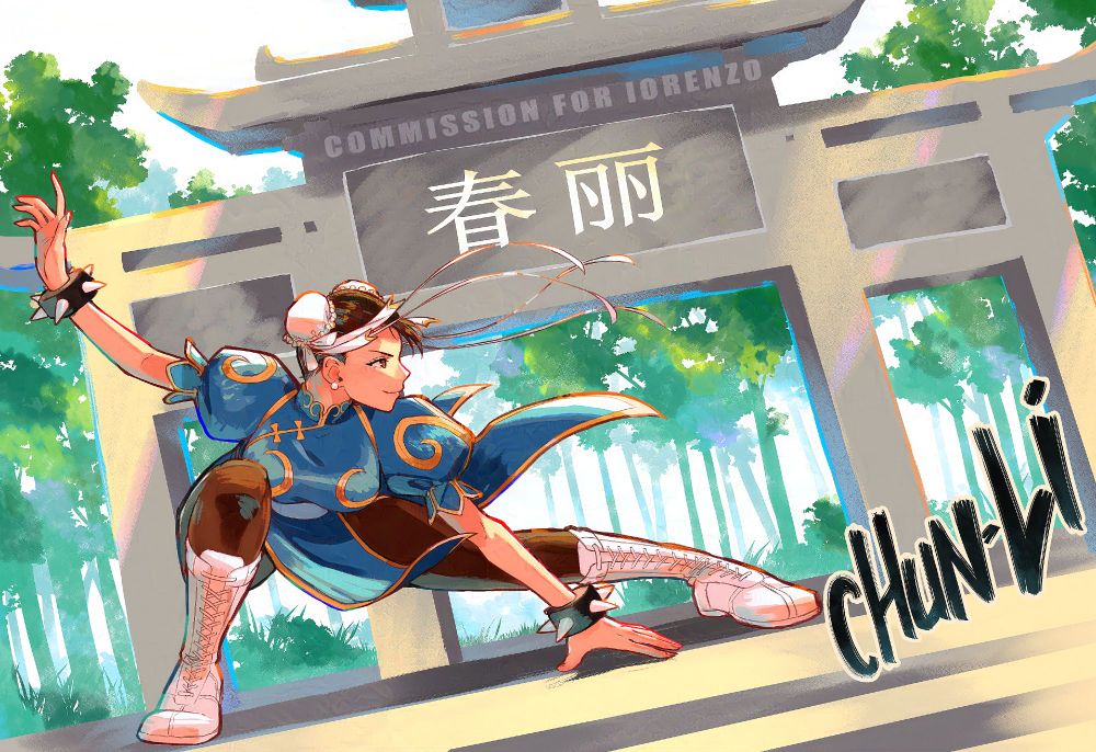 Girl dressed in blue chinese clothes stretching down in front of a Païfang Gate with the chinese characters 春丽 (meaning "Chun-li")