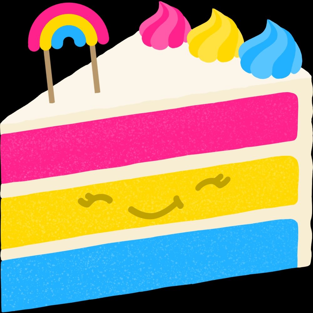 An illustration of a smiling slice of 3-tier cake in the pansexual pride flag colours, with white icing, pan coloured icing detail and a pan coloured rainbow cake topper