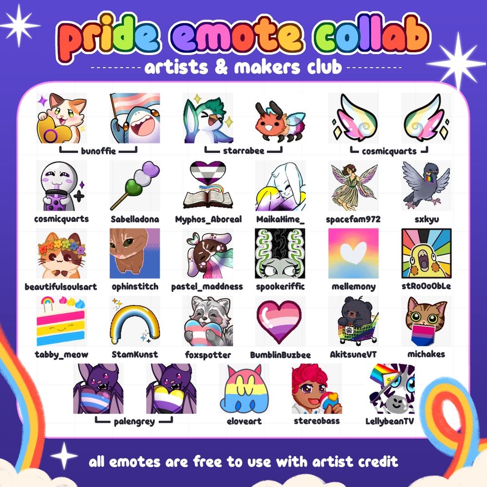 A graphic featuring 29 different Pride emotes made by some members of the Artist and Makers Twitch Creator Club
It has a dark blue background with white stars scattered all over, some clouds at the bottom as well as two rainbows in the bottom corners, in the centre is a rounded white square with the emotes inside.
The text reads:
Pride Emote Collab
Artists & Makers Club
Artists featured are: bunoffie, starrabee, cosmicquarts, Sabelladona, Myphos_Aboreal, MaikaHime_ spacefam972, sxkyu, beautifulsoulsart, ophinstitch, pastel_maddness, spookeriffic, mellemony, strooooble, tabby_meow, stamkunst, foxspotter, BumblinBuzbee, AkitsuneVT, michakes, palengrey, eloveart, stereobass & LellybeanTV
All emotes are free to use with artist credit