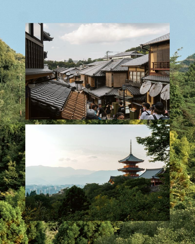 Dos imágenes. En la imagen superior se ve una calle tradicional japonesa en Kyoto, con casas de madera y tejados negros.
En la imagen inferior se ve la pagoda del templo Kiyomizu-dera entre la vegetación