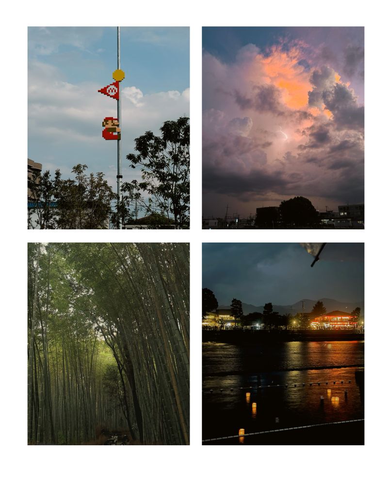 Cuatro imágenes.

La primera muestra un poste con una figura de mario bros pixelado y una bandera. 

La segunda muestra un atardecer nublado, entre las nubes se ve un rayo.

La tercera muestra el bosque de bambú de Arashiyama.

La cuarta muestra un rio por la noche en el cual se ven farolillos flotando.