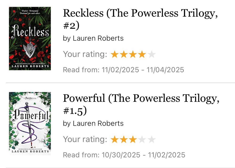 Captura de pantalla de Goodreads. Muestra las portadas de los libros Powerful y Reckless de Lauren Roberts