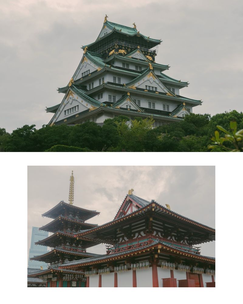 Collage. En la parte superior se muestra una imagen del castillo de Osaka. 

En la parte inferior se muestra el templo budista Shitennō-ji