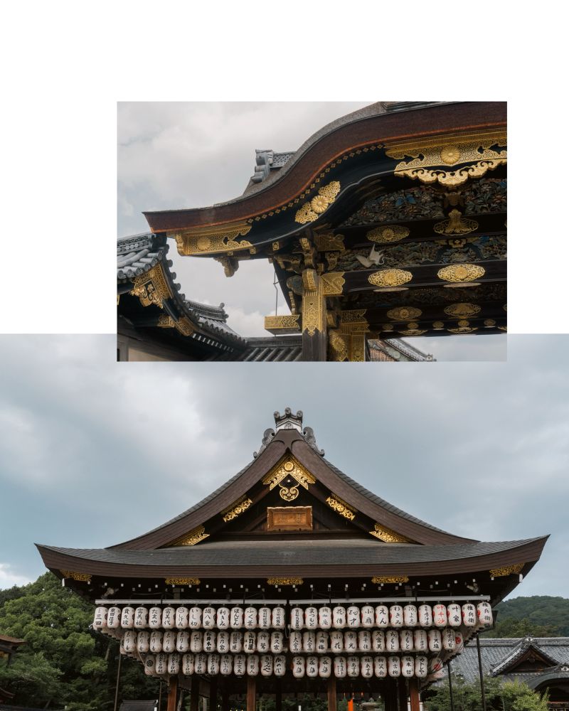 Se ven dos imagenes. 

En la imagen superior se ve el detalle del tejado de Kara-mon Gate. La puerta de acceso al castillo de Nijō. Es de madera con detalles en dorado.

En la imagen de abajo se ve un tejado de una edificación religiosa japonesa. Es de madera con detalles en dorado. De él cuelgan tres hileras de farolillos de papel con inscripciones en japonés. 