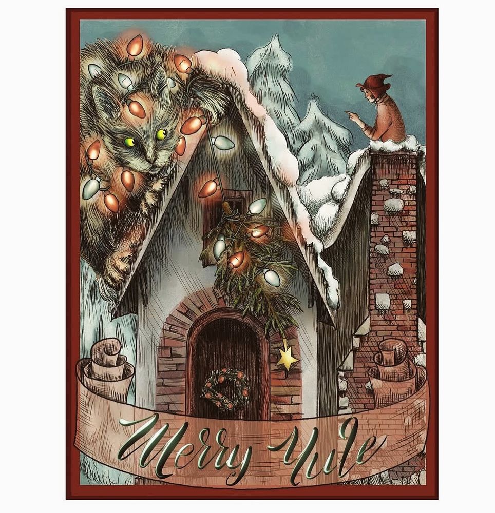Yule cat and a little witch - vintage style postcard 