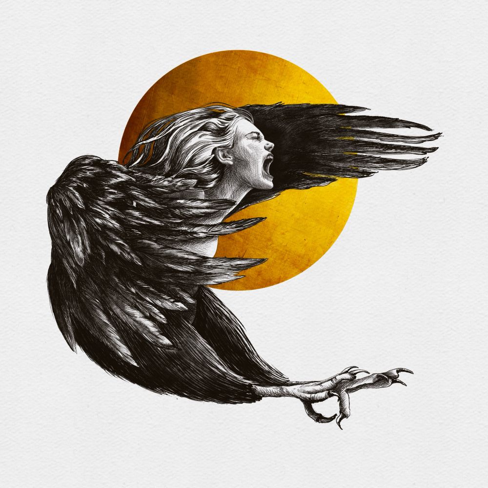 Drawing of a screaming harpy