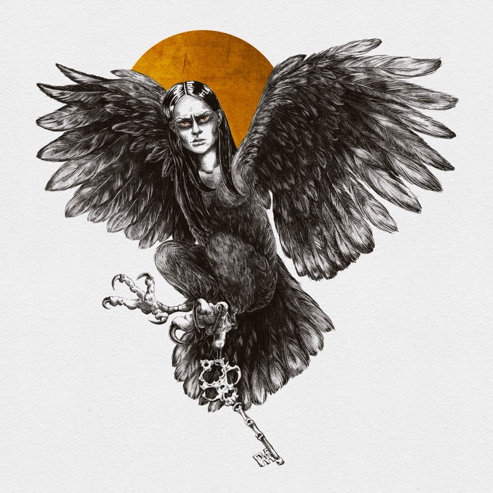 Drawing of a flying harpy holding a key