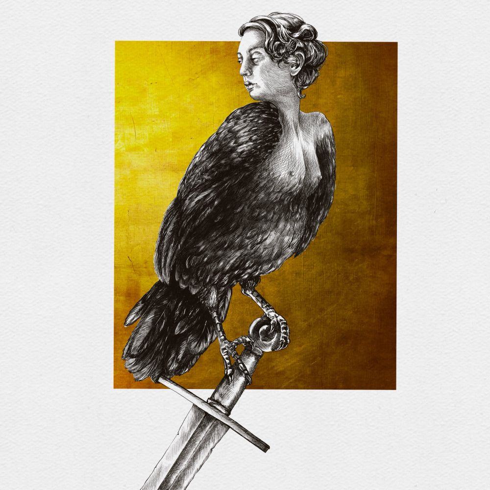 Harpy sitting on the hilt of a sword 
