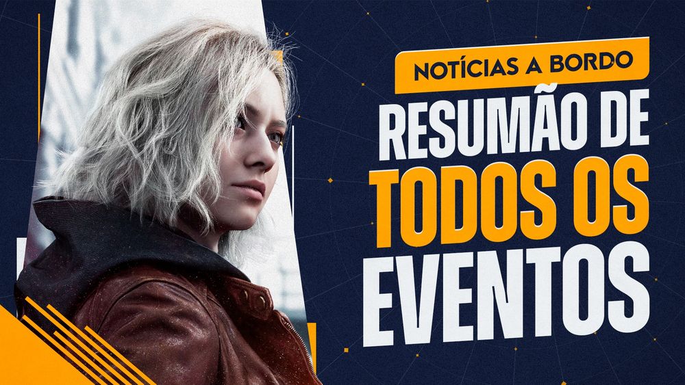 Uma imagem que diz "Notícias a Bordo: Resumão de todos os eventos", e no lado esquerdo dela, temos a protagonista de Resident Evil Requiem